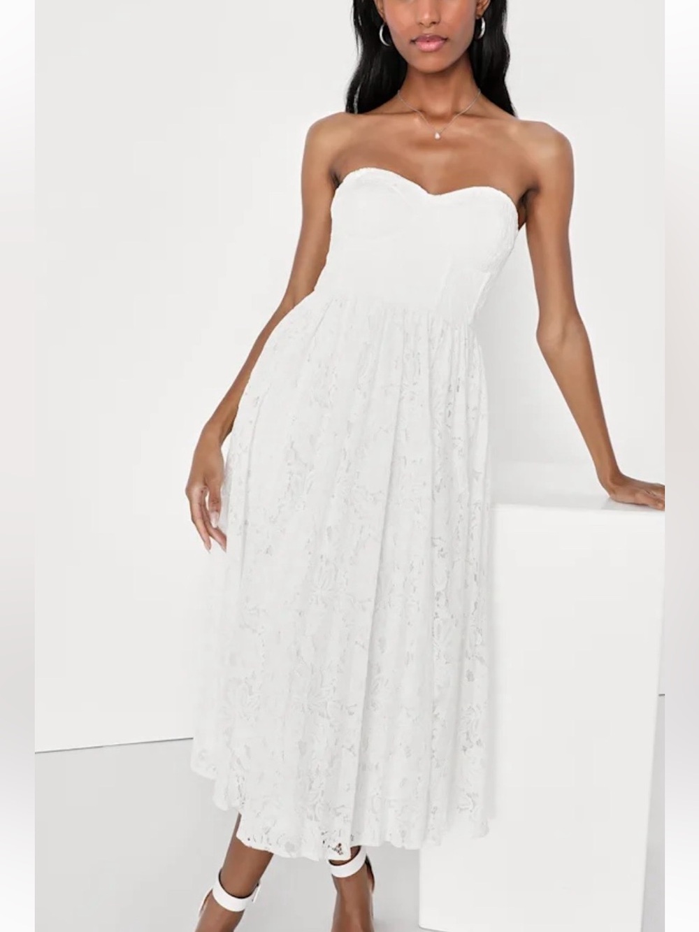 White Lace Strapless Midi Dress